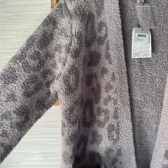 Barefoot Dreams CozyChic Leopard Cardigan Sweater Linen Warm Grey